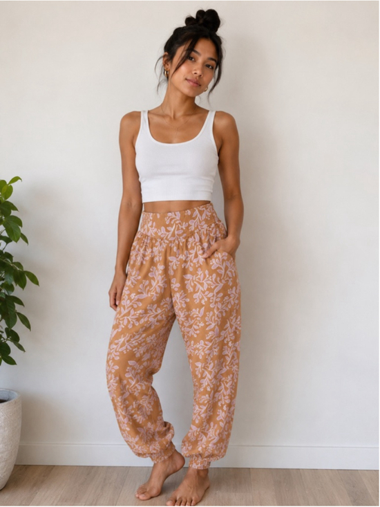aerie Pants - Women’s Floral Jogger Pants Size Medium Peach Pink Boho Elastic Waist Lightweigh